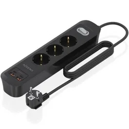Aisens Regleta de Enchufes con Interruptor ASPS-2A2C11-BK, 3 Tomas Schuko, Cargador PD3.0 20W con 2 USB-C y 2 USB-A, Cable 1.4m, Negro
